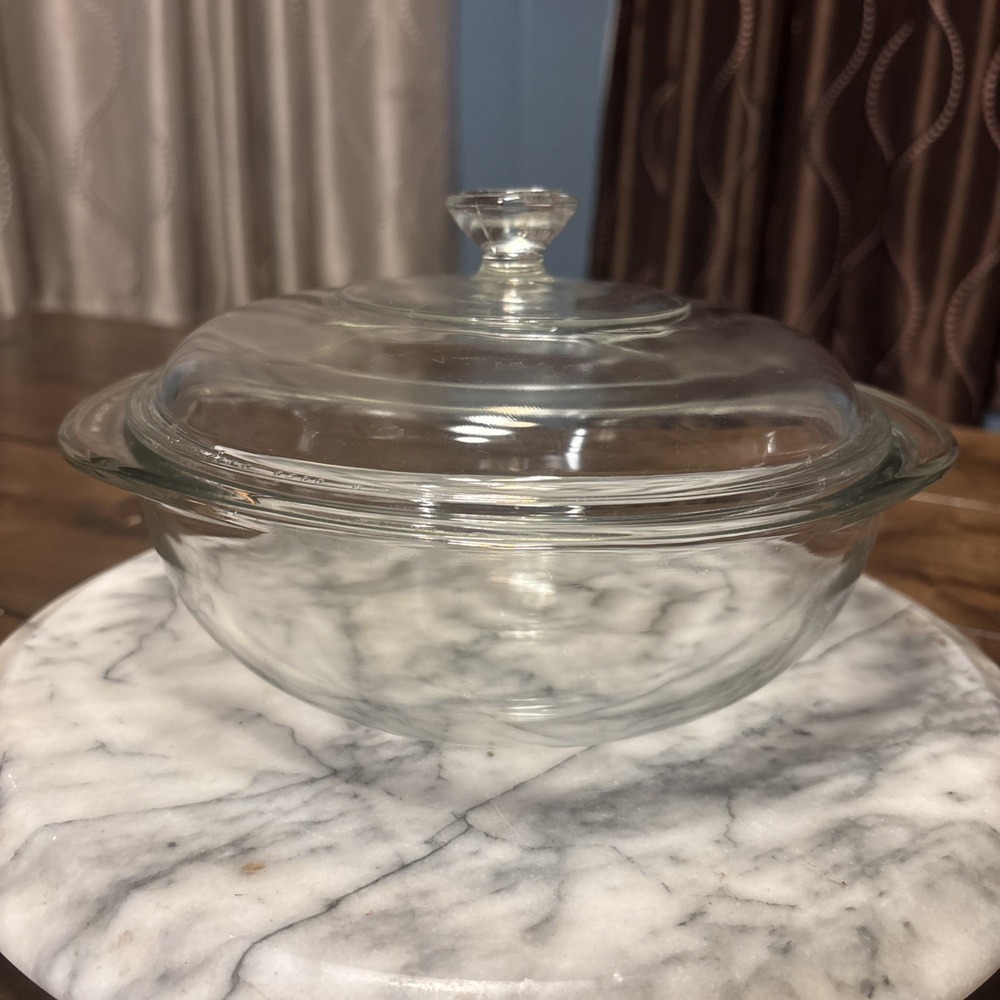 VTG Pyrex 1.5Qt Clear Glass Round Covered Casserole Dish Handles Lid #023